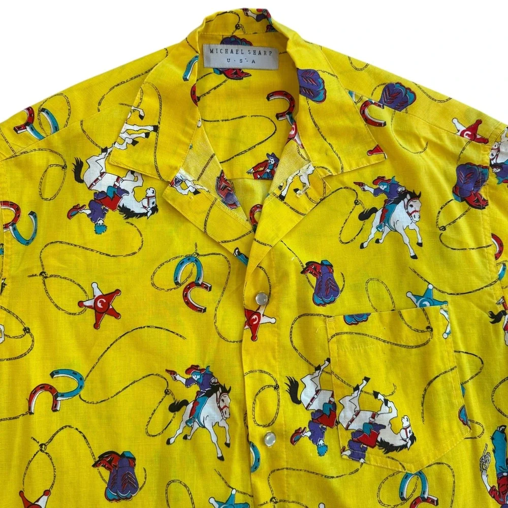 Vintage Michael Sharp Shirt Mens‎ Yellow Cowboy Rodeo Western Button Up XL